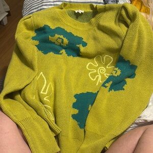 JODIFL Green Crew Neck Sweater with Whimsical Pattern